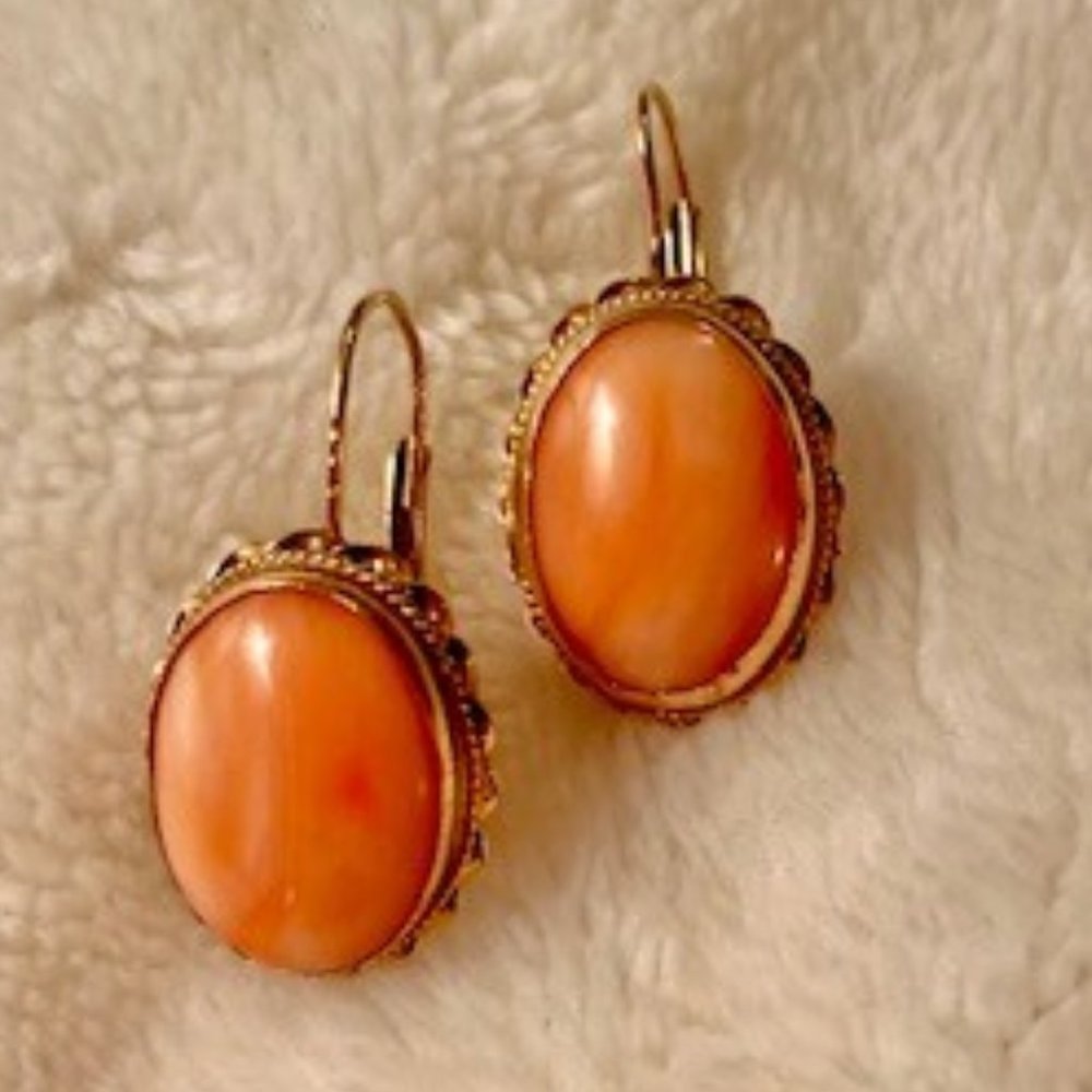 Italian Rare Pink Coral Dangling Pierced Earrings - Picture 2 of 10
